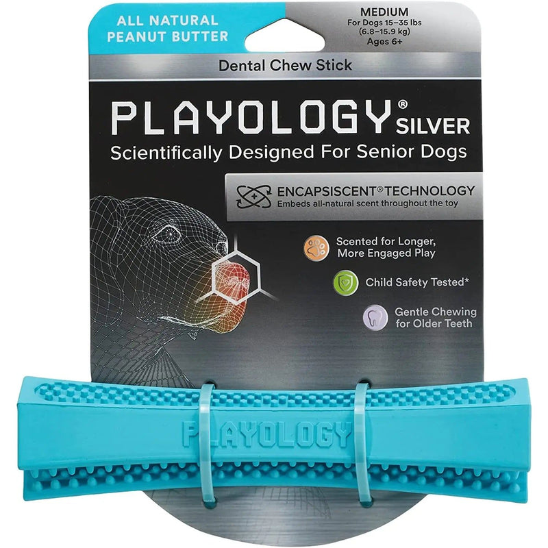 Playology Silver Peanut Butter Scented Dental Chew Stick Dog Toy PLAYOLOGY